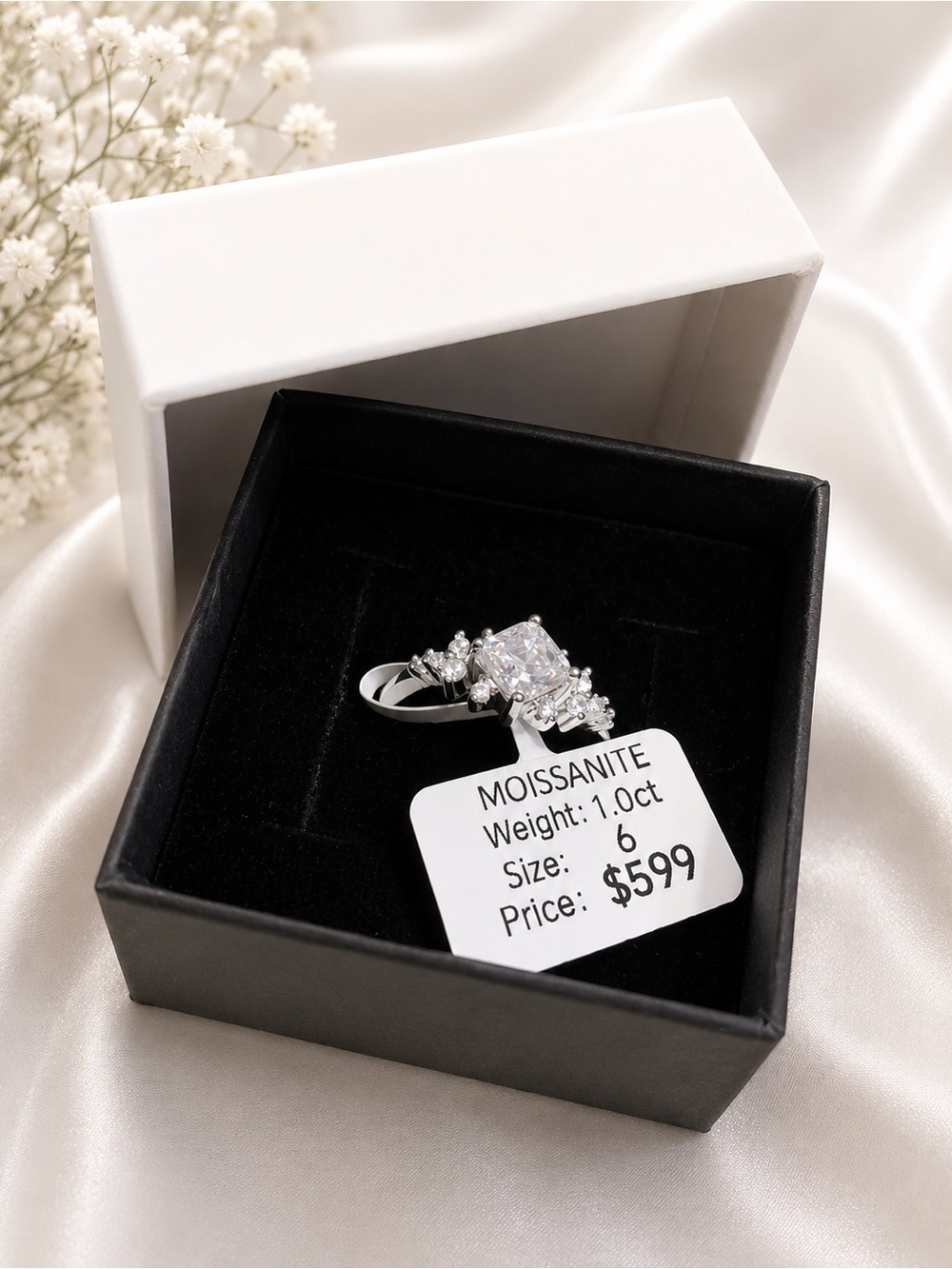 1CT Moissanite Cushion Three-Stone Ring in Silver - Size 6
